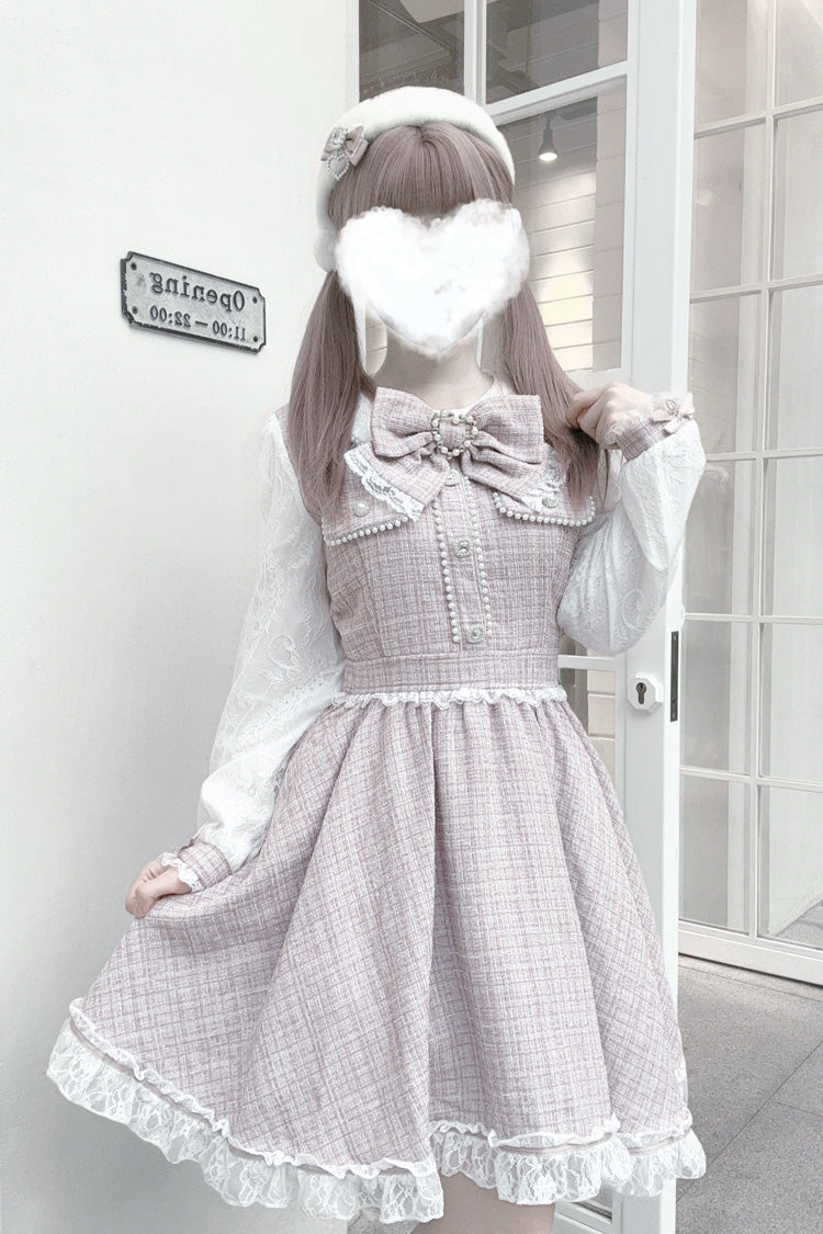 Grey/Pink Long Sleeves Bowknot Lace Pearl Sweet Jirai Kei Dress - Product - 3
