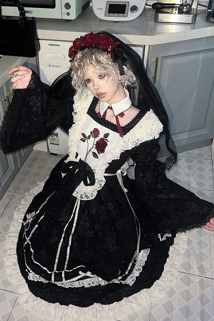 Black [Rose Choir] Double-Layered Ruffle Embroidery Bowknot Lace Gothic Elegant Nun Lolita Dress - Product - 12