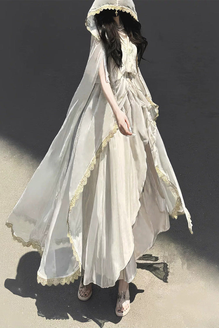 White [Angel of Judgment] Greek-Inspired V Collar Sleeveless Ruffled Embroidered Asymmetric Sweet Lolita Jsk Dress Set - Product - 4