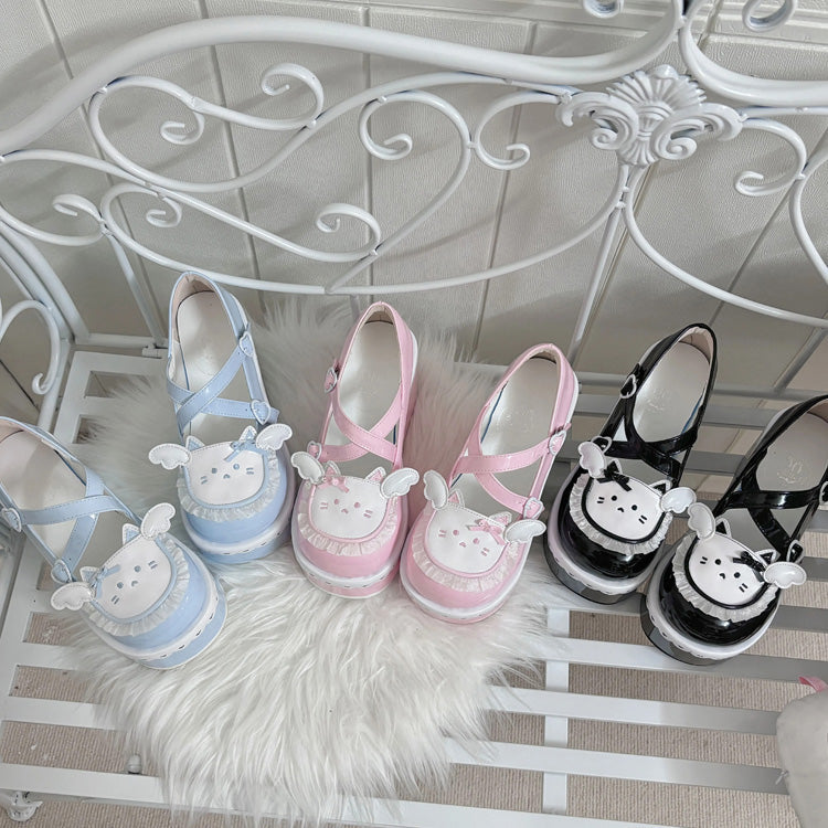 Cat Design Ruffled Cross Strap Round-Toe Daily Sweet Lolita Platform Shoes 4 Colors - Product - 6