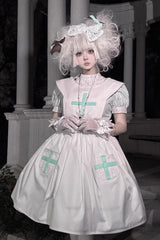Light Green [Mint Prescription] Stand Collar Short Sleeves Vertical Stripe Printed Bow Sweet Lolita Nurse Dress - Product - 11
