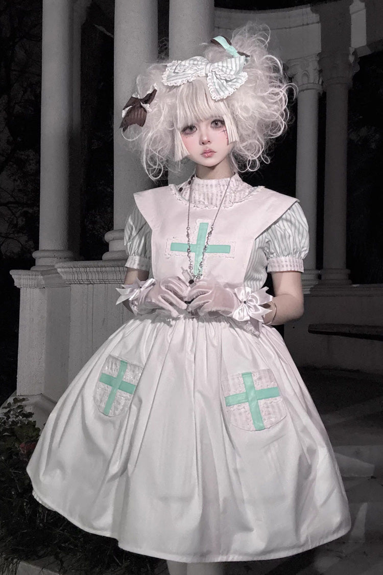 Light Green [Mint Prescription] Stand Collar Short Sleeves Vertical Stripe Printed Bow Sweet Lolita Nurse Dress - Product - 11