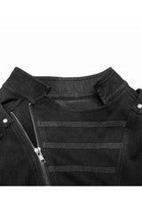 Black Punk Stand Collar Anterior Middle Asymmetry Design Zipper Shoulder Decorate Webbing Men's Vest - Product - 8