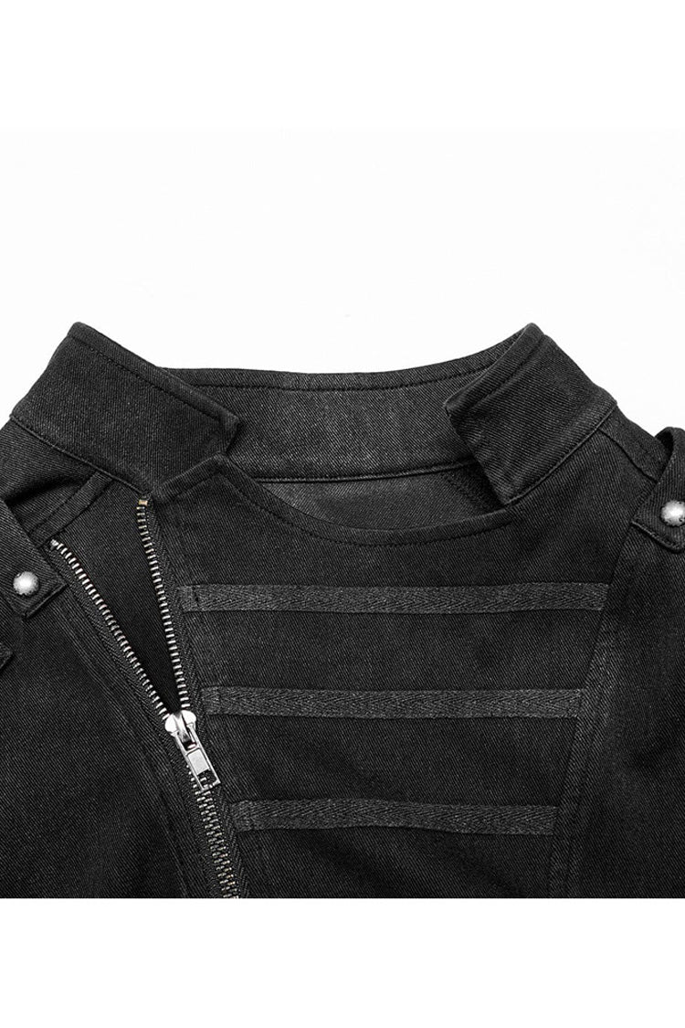Black Punk Stand Collar Anterior Middle Asymmetry Design Zipper Shoulder Decorate Webbing Men's Vest - Product - 8