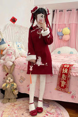 Red [New Year] Rabbit Printed Embroidered Bow Sweet Chinese Style Lolita Dress - Product - 2