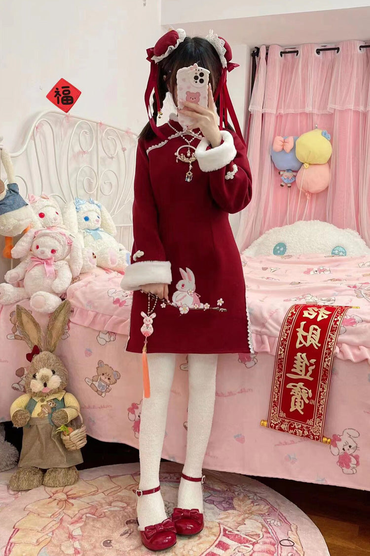 Red [New Year] Rabbit Printed Embroidered Bow Sweet Chinese Style Lolita Dress - Product - 2
