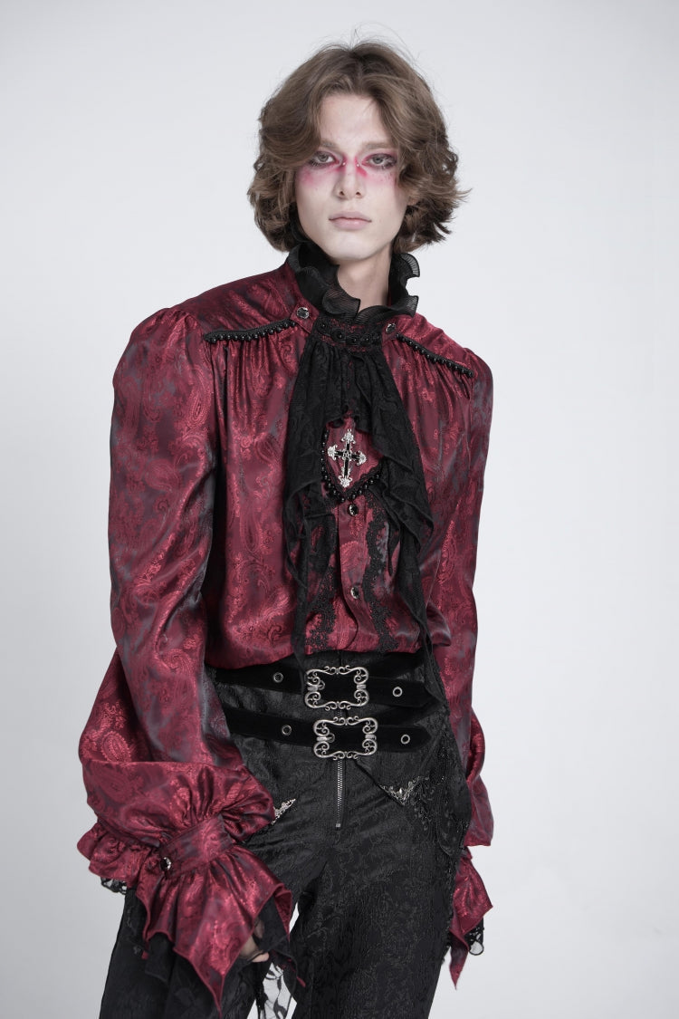 Red Long Puff Sleeves Men's Gothic Blouse with Lace Necktie - Product - 3