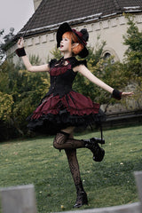 Black/Red [Potions] Sleeveless Triple-Layered Ruffle Bowknot Lace Gothic Lolita Dress 2 Colors - Product - 5