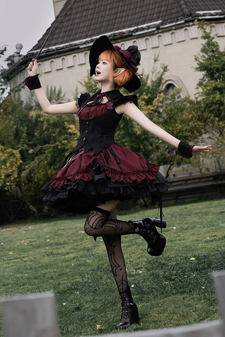 Black/Red [Potions] Sleeveless Triple-Layered Ruffle Bowknot Lace Gothic Lolita Dress 2 Colors - Product - 5