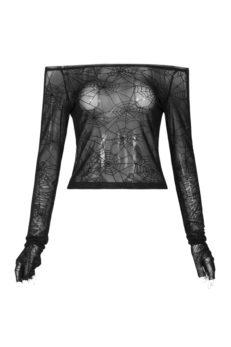 Black Long Sleeve One Word Collar Half Cut Finger Cuffs Tight Velvet Cobweb Prints Women's Punk T-Shirt - Product - 4