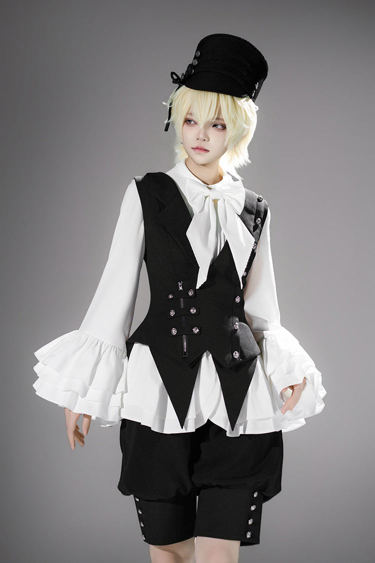 Black [Ash] Lapel Collar Long Sleeves Ruffled Bow Classic Vintage Elegant Prince Ouji Lolita Blouse Shorts Vest Set - Product - 2