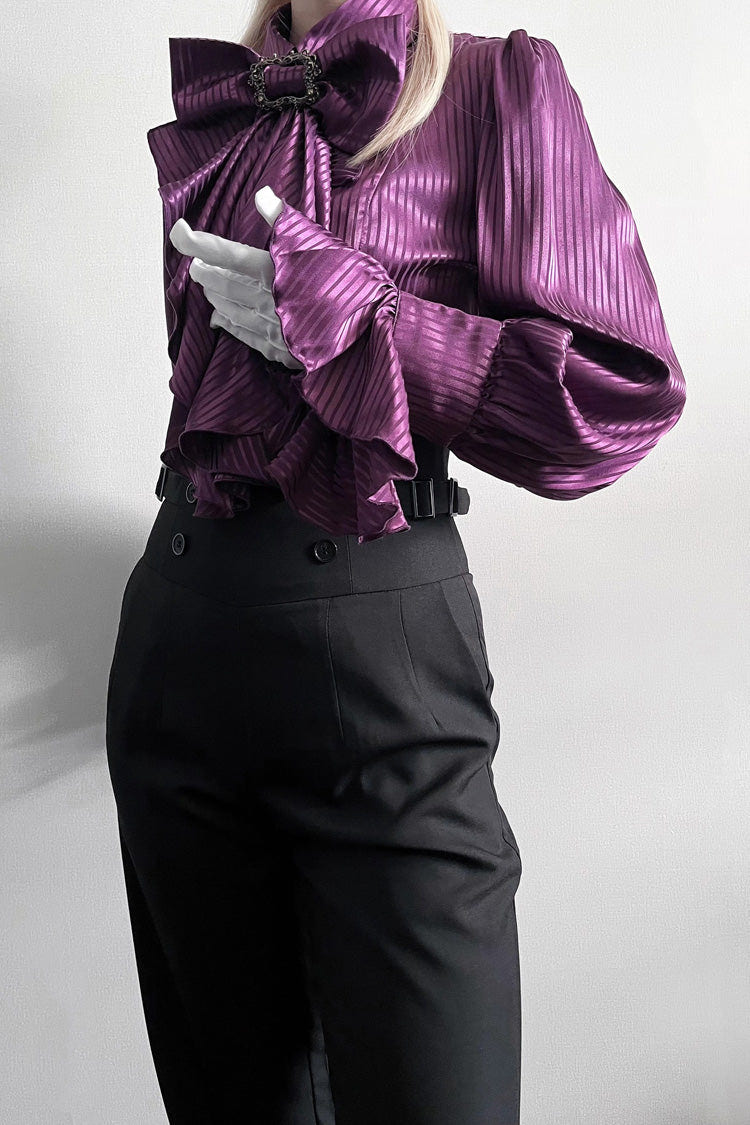 Moonstone Lapel Collar Long Sleeves Vertical Striped Print Ruffle Ouji Gothic Prince Lolita Blouse 3 Colors - Product - 8