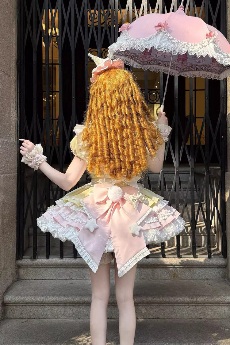Yellow/Pink [Sweet Bunny Chef] Short Sleeves Multi-Layered Ruffle Bowknot Sweet Lolita Dress - Product - 6