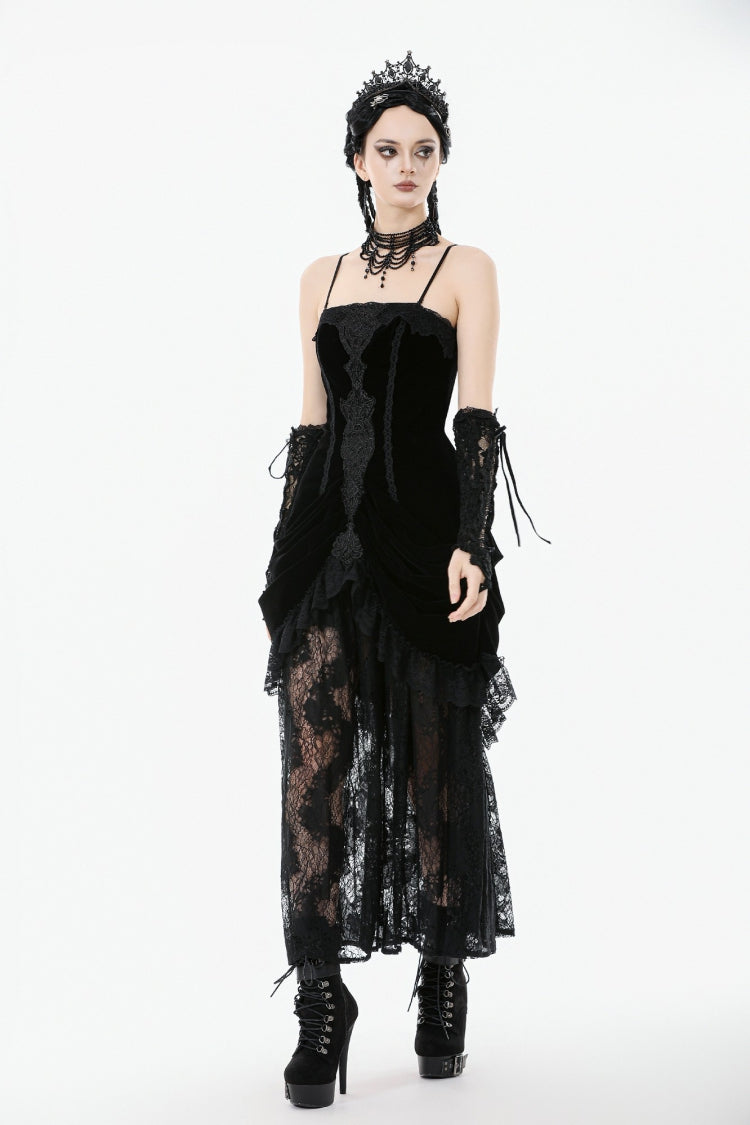 Black Women's Gothic Embroidered Lace Hem Ruched Slip Wedding Dress - Product - 7