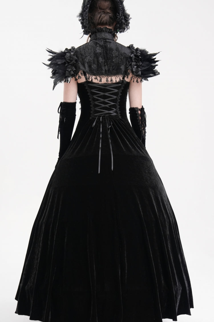 Black Stand Collar Lace Pleated Women's Gothic Tassels Feather Lace Cape - Product - 4