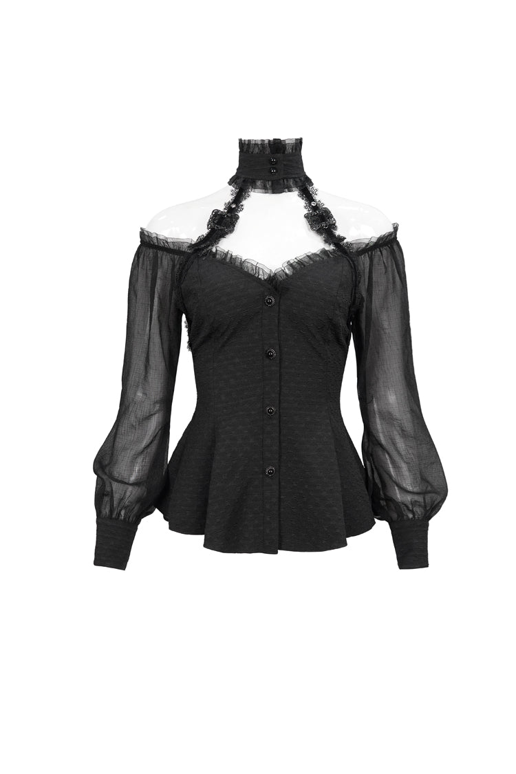 Black Long Sleeve Lace Trim Panel Woven Adjustable Back Women's Gothic T-Shirt - Product - 5
