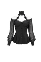 Black Long Sleeve Lace Trim Panel Woven Adjustable Back Women's Gothic T-Shirt - Product - 5