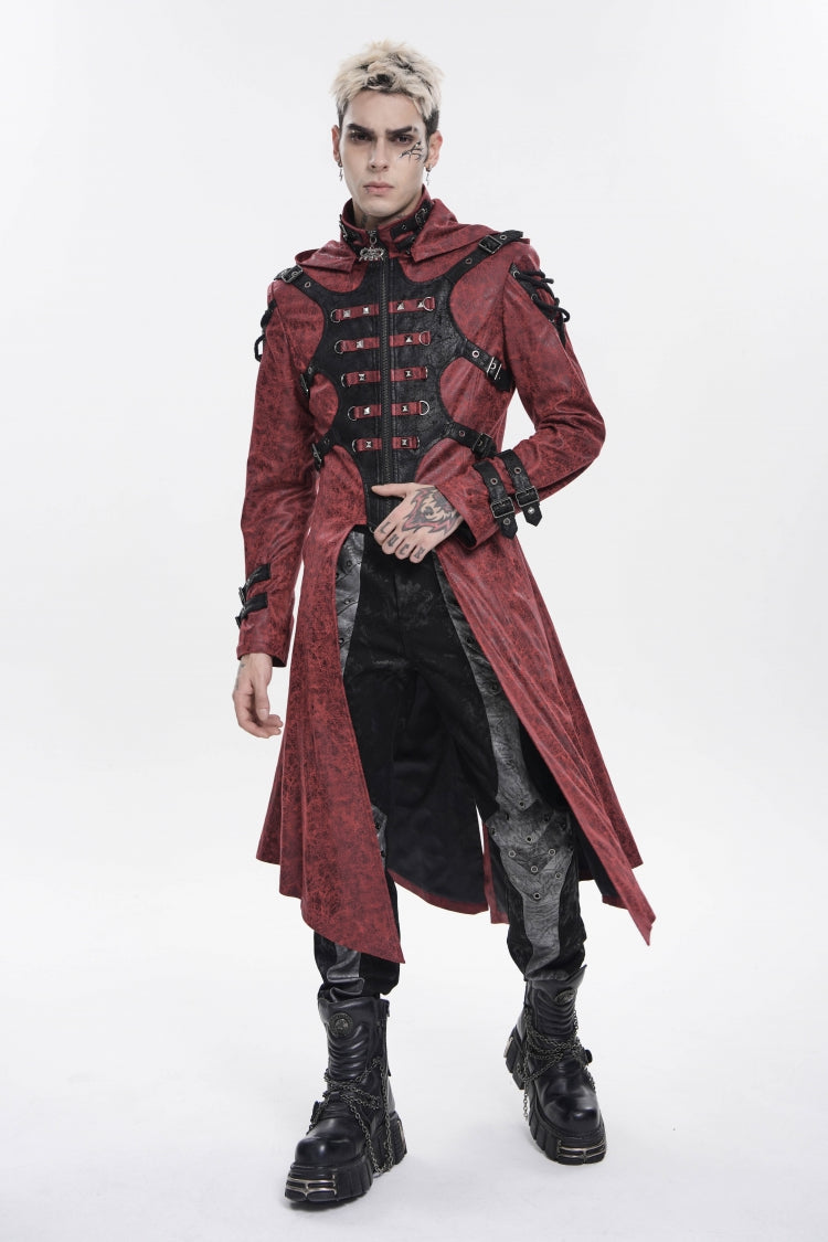 Red Stand Collar Long Sleeves Printed Spliced Studded Buckled Zippered Eyelet Men's Punk Cool Hooded Jacket - Product - 8