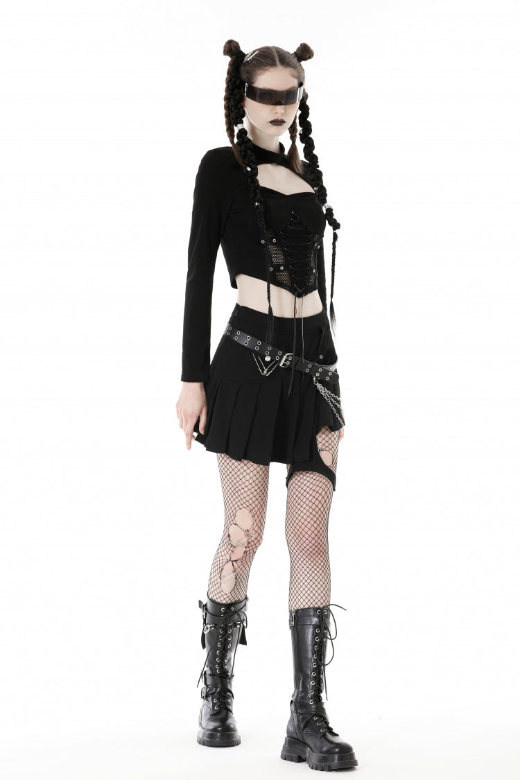 Black Long Sleeves Cut-Out Spliced Mesh Zippered Strappy Eyelet Women's Punk Crop Top - Product - 8