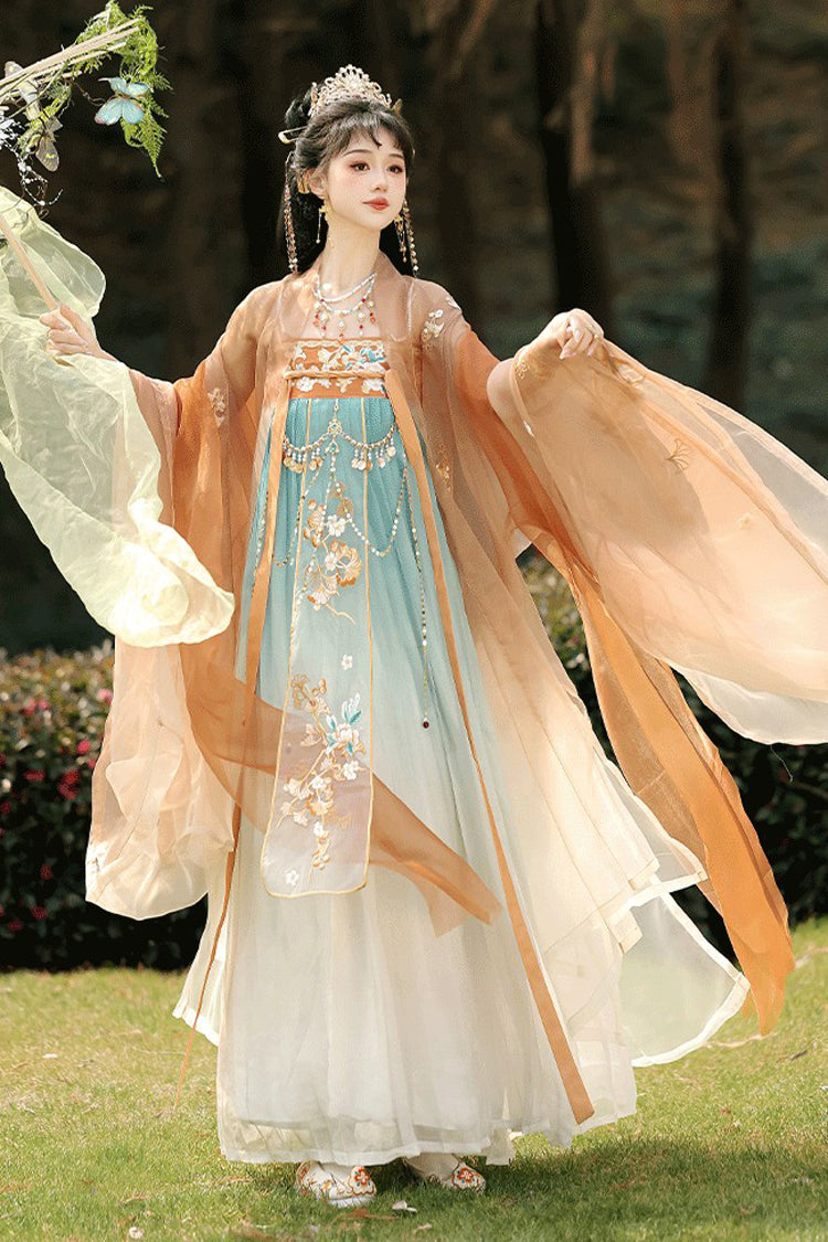Orange [Cloud Brocade And Spring Splendor] High Waisted Embroidered Women's Classic Luxurious Hanfu Dress Set - Product - 4