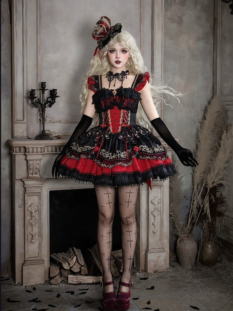 Black & Red Bat Embroidery Gothic Lolita JSK Dress detail view 6