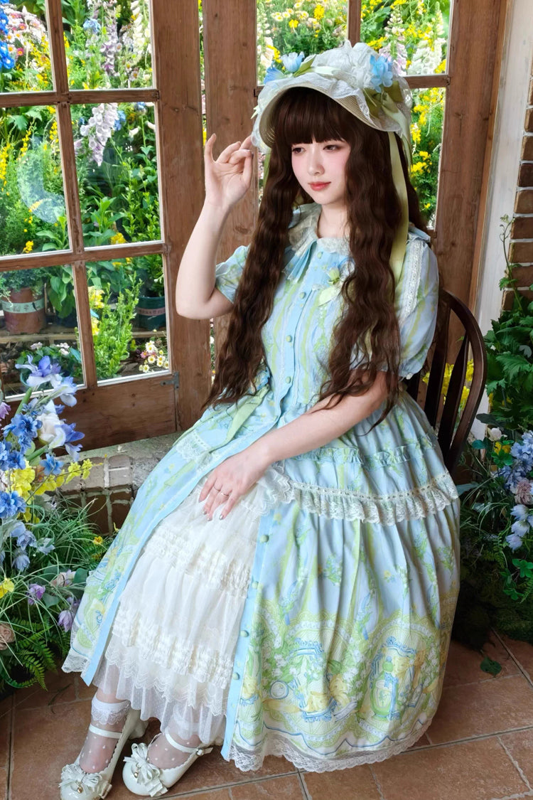 Blue/Green [Lily of the Valley Perfume] Pearl Candy Tea Doll Collar Short Sleeves Printed Lace Plus Size Sweet Lolita OP Dress - Product - 3