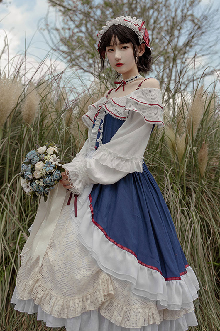 Blue/White Long Sleeves Cardigan Bowknot Sweet Lolita Dress - Product - 11