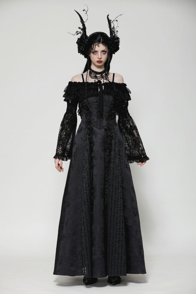 Black Ruffled Off Shoulder Long Bishop Sleeves Lace Women's Gothic Cape - Product - 6
