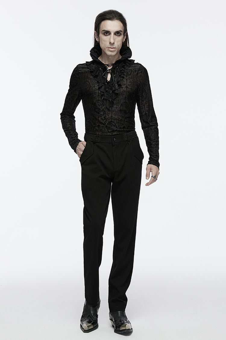 Black Stand Collar Long Sleeves Print Ruffle Men's Gothic Blouse - Product - 4