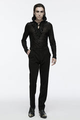 Black Stand Collar Long Sleeves Print Ruffle Men's Gothic Blouse - Product - 4