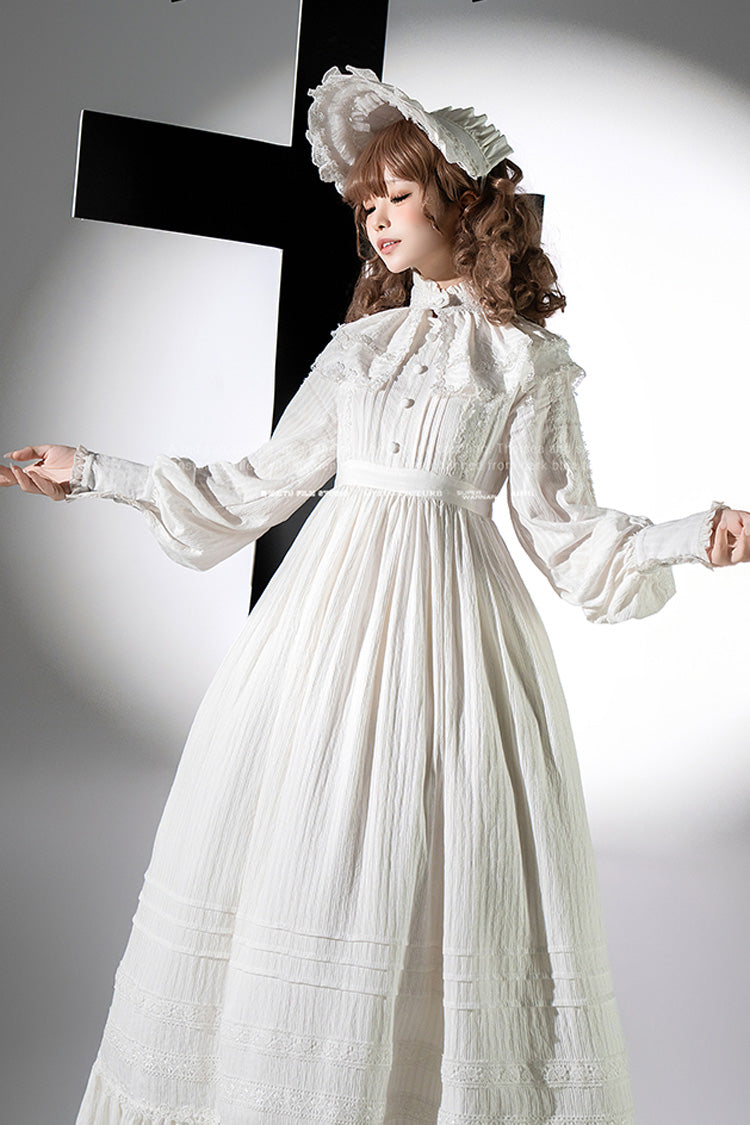 White [Quiet Place] Long Sleeves Jacquard Ruffle Embroidery Bowknot Gothic Lolita Dress - Product - 11
