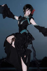 [Sky Dragon] Round Collar Printed Embroidered Lace-Up Gothic Chinese Style Lolita Skirt Set 2 Colors - Product - 2