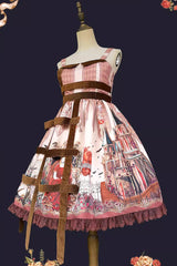 Midnight Magic Church Print Ruffle Punk Lolita Jsk Dress 3 Colors - Red/Brown - 10
