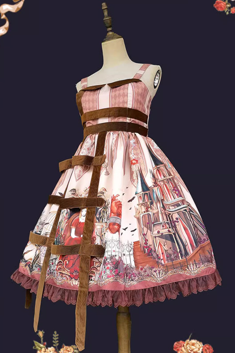 Midnight Magic Church Print Ruffle Punk Lolita Jsk Dress 3 Colors - Red/Brown - 10