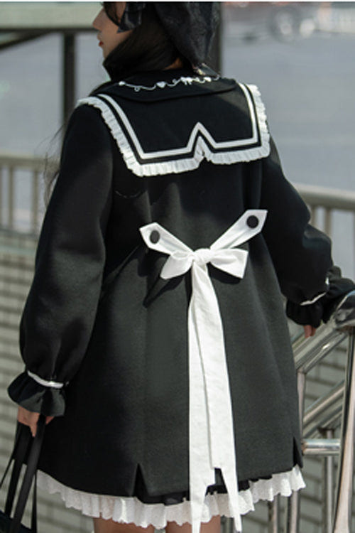 Black Horn Button Suit Collar Lantern Sleeves Back Bow Sweet Lolita Coat - Product - 7