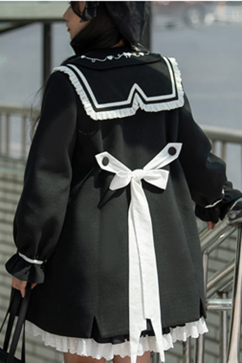 Black Horn Button Suit Collar Lantern Sleeves Back Bow Sweet Lolita Coat - Product - 7