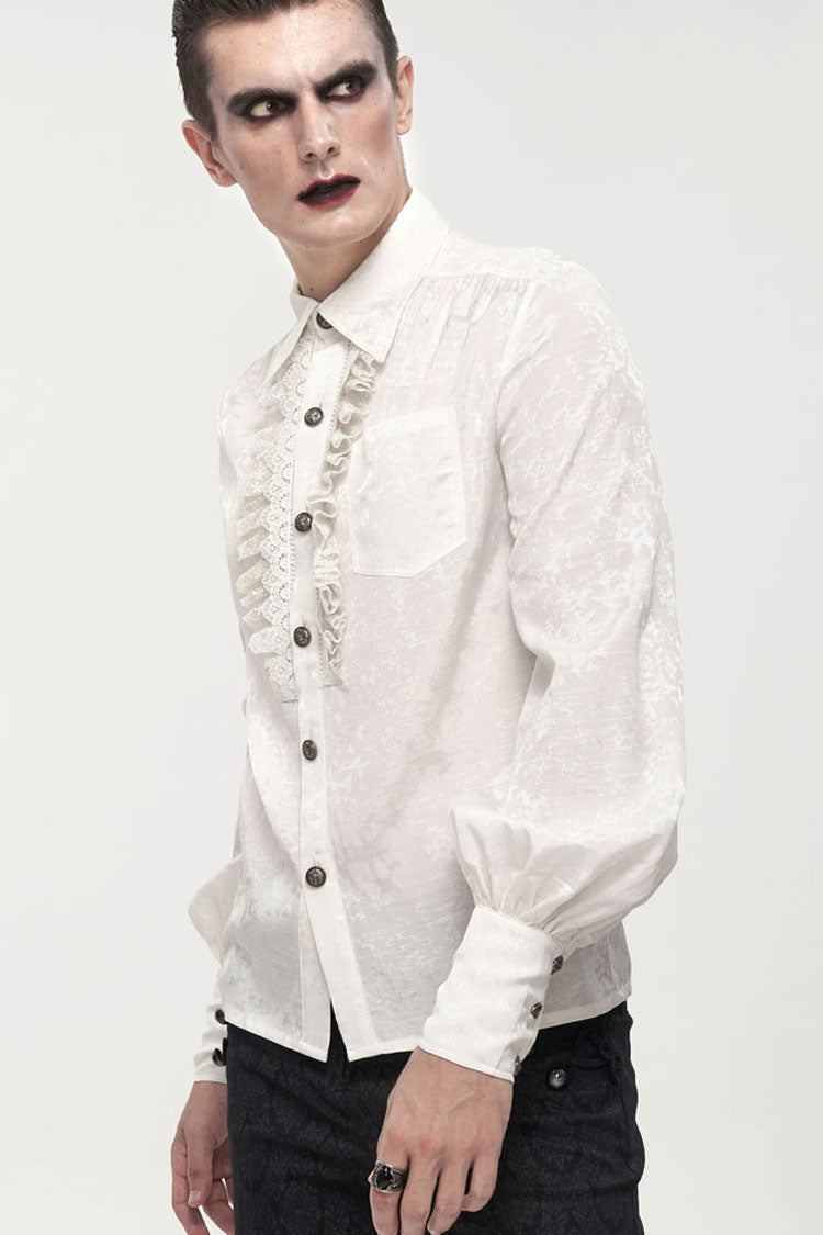 White Gothic Metal Pattern Buckle Long Sleeve Pleated Lace Lantern Shape Printing Pattern Men's Shirt - Product - 2