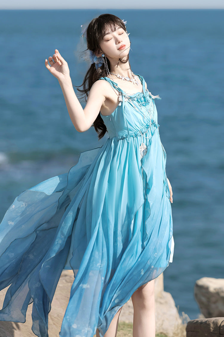 Blue [Ocean Sprite] Gradient Print Irregular Hooded Sweet Lolita Jsk Dress Cloak Set - Product - 11