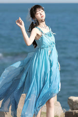 Blue [Ocean Sprite] Gradient Print Irregular Hooded Sweet Lolita Jsk Dress Cloak Set - Product - 11
