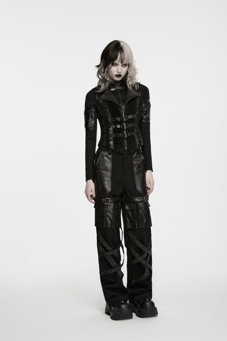 Black Lapel Collar Sleeveless Lace-Up Slim Fit Buckled Zippered Women's Punk Cool Vest - Product - 4