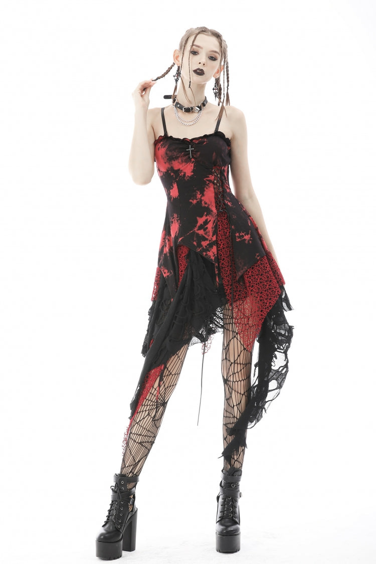 Black/Red Irregular Tie-dyed Patchwork Women's Punk Slip Dress - Product - 6