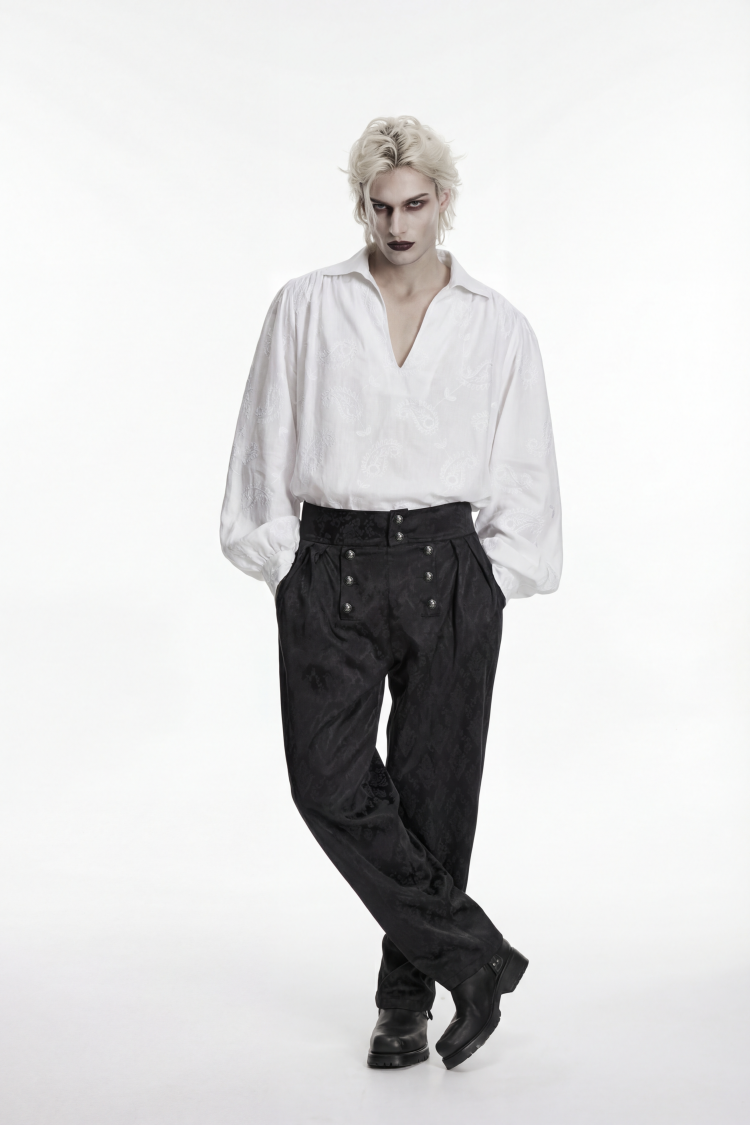 White Lapel Collar Long Lantern Sleeves Printed Embroidered Men's Gothic Shirt - Product - 6