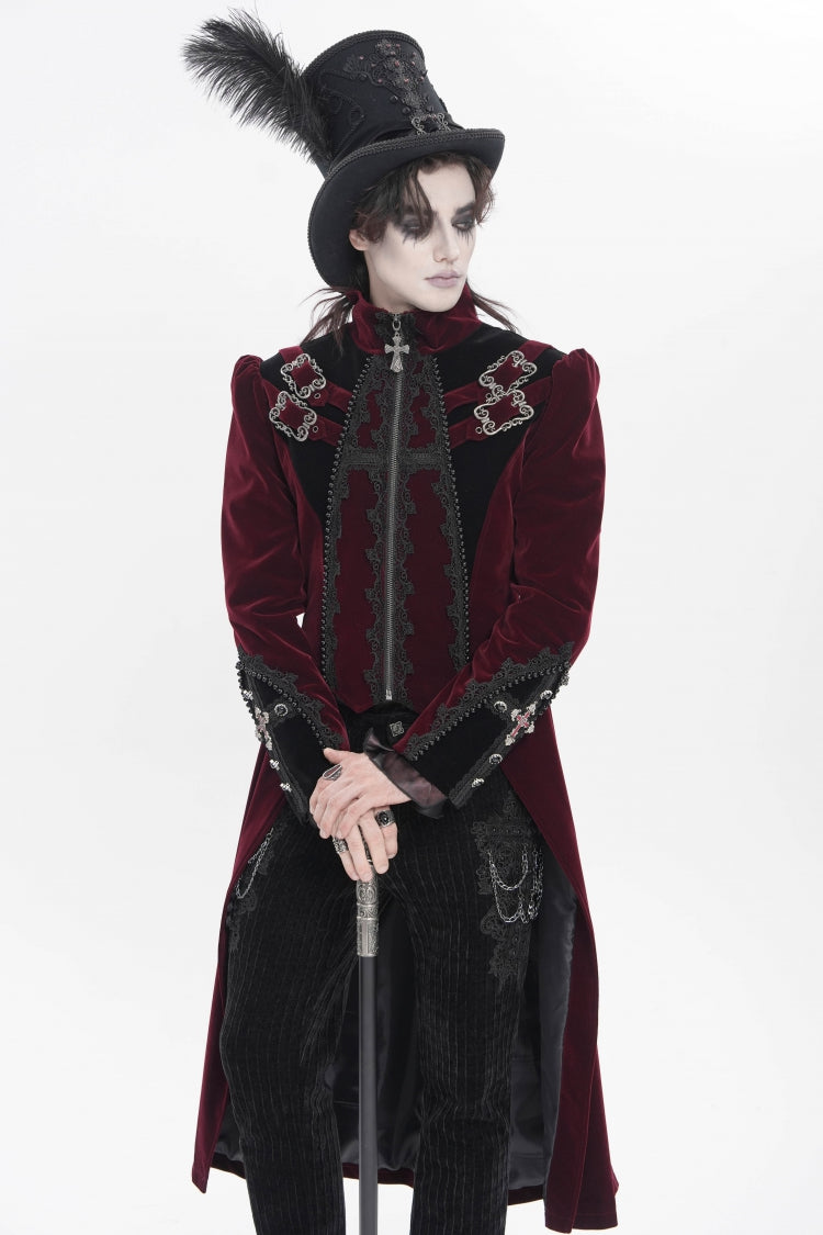Red Stand Collar Long Sleeves Embroidered Color-Blocked Buckled Zippered Men's Gothic Palace Jacket - Product - 12