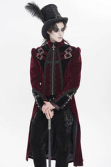 Red Stand Collar Long Sleeves Embroidered Color-Blocked Buckled Zippered Men's Gothic Palace Jacket - Product - 12