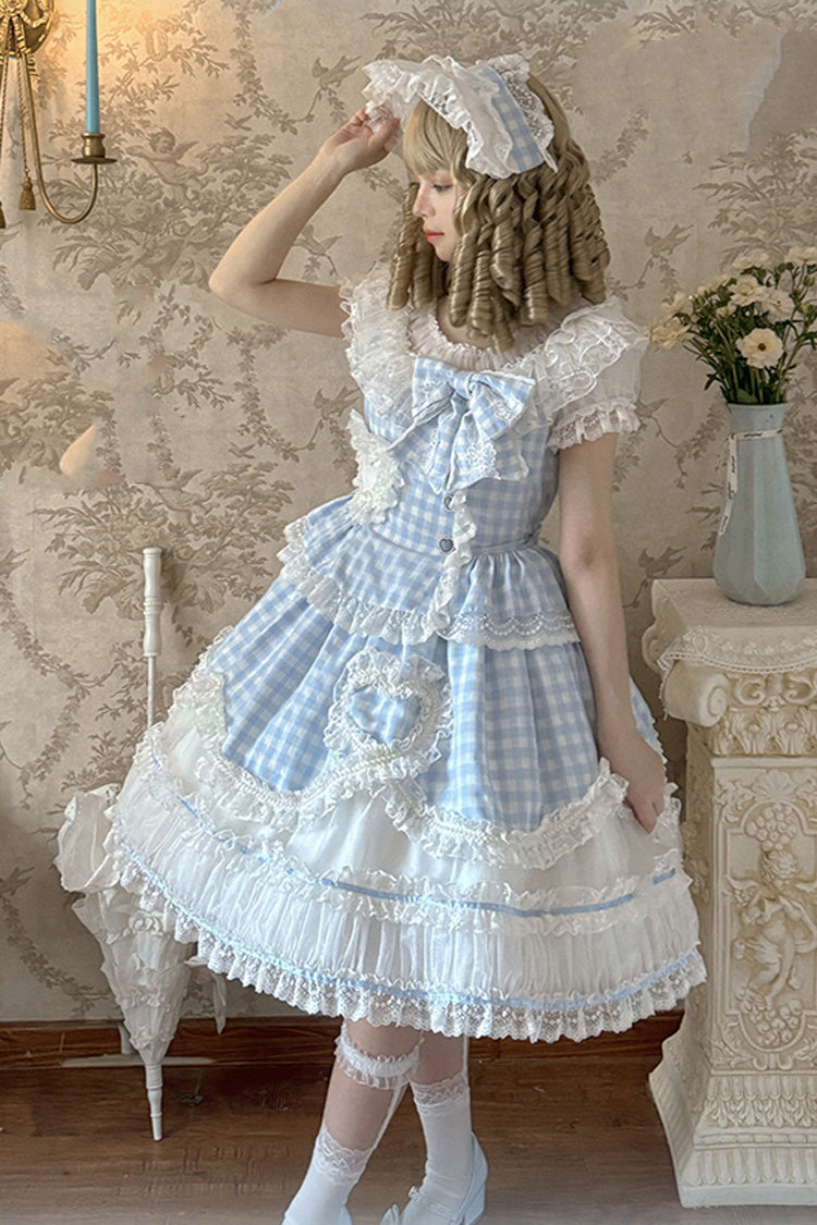 Blue [Tea Break Sweetheart] Short Sleeves Multi-Layered Plaid Print Ruffle Sweet Lolita Dress - Product - 7