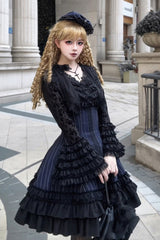 [Escape] Double-Layered Jacquard Striped Printed Ruffled Slim Gothic Lolita Jumper Dress 3 Colors - Blue - 9