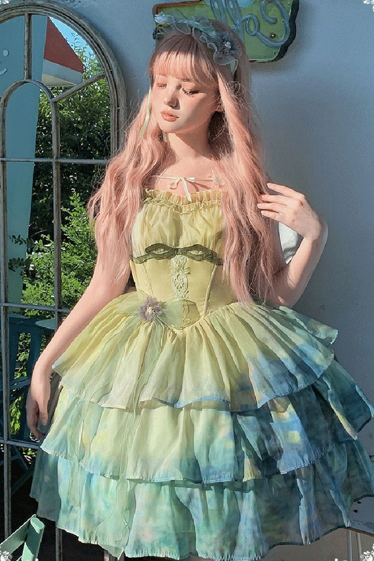 Green Gradient The Forty-Fourth Sunset Oil Painting Triple-Layered Ruffle Bowknot Sweet Lolita Jsk Dress - Product - 2