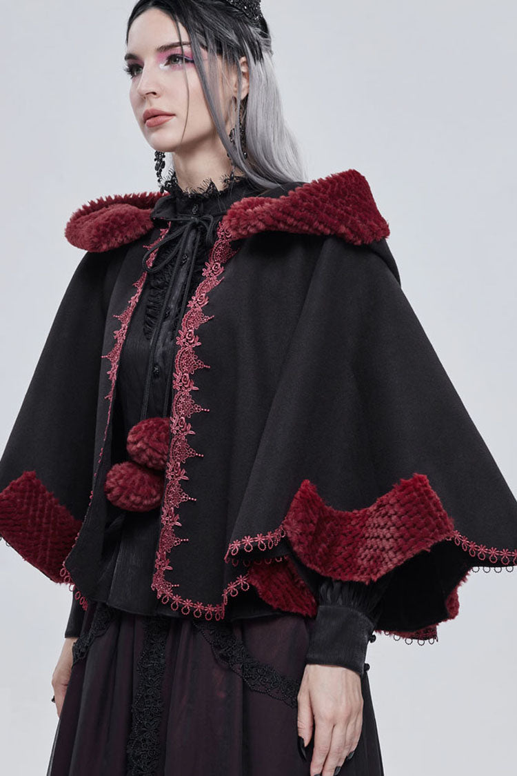 Black Gothic Petal-Shaped Double-Faced Contrast Women's Wool Hooded Shawl - Product - 3