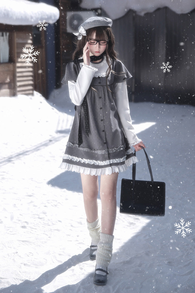 Grey Square Collar Long Sleeves Polka Dot Printed Ruffled Sweet Lolita Dress - Product - 15