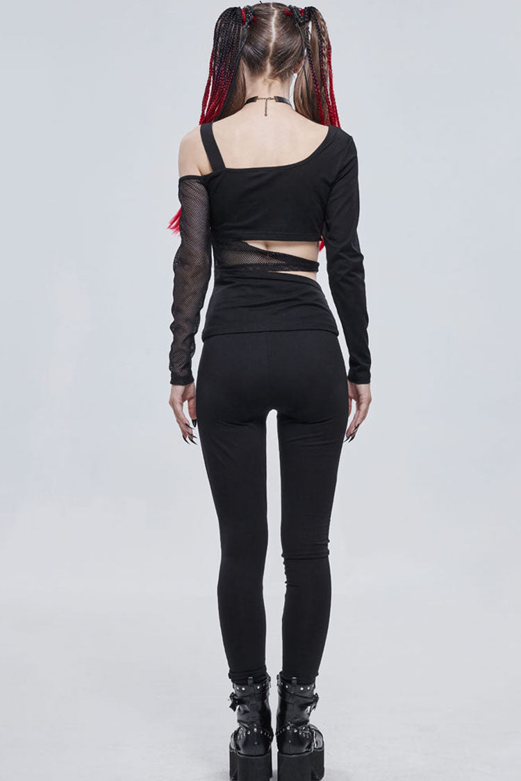 Black Gothic Ripped Spider Web Print Asymmetric Belt Buckle Decoration Women's Leggings - Product - 8